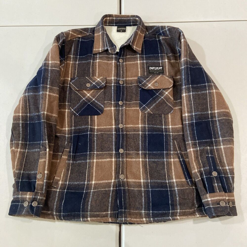 Inflight Surfboards Jacket Mens L Brown Tan Plaid Sherpa Lined Flannel Shacket